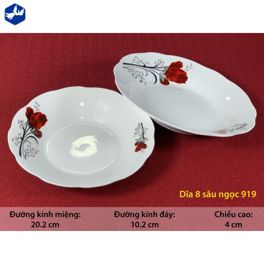 đĩa sứ sâu bèo 8 inch - bông hồng nhung đỏ đẹp - 919