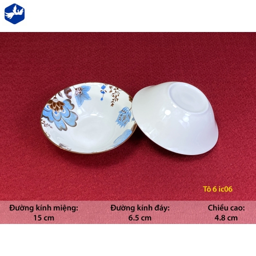 tô sứ loe 6 inch - bông hoa xanh cách điệu đẹp - IC06