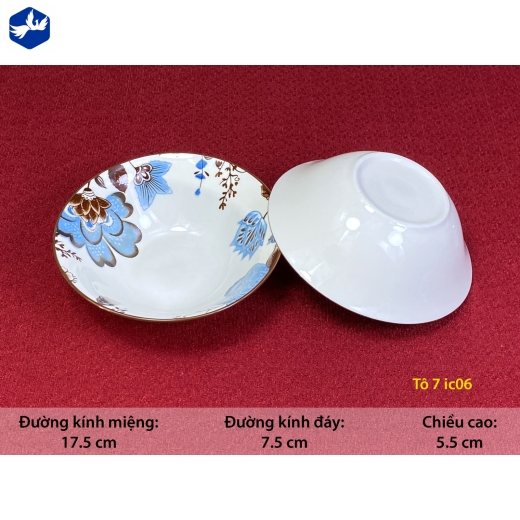 tô sứ loe 7 inch - bông hoa xanh cách điệu độc lạ - IC06