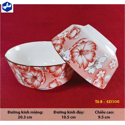 tô sứ 8 inch kiểu châu âu - hoa văn 4D hoa đỏ đẹp - 4D106