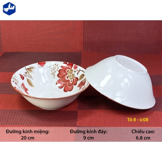 tô sứ loe 8 inch - bông hoa đỏ cách điệu độc lạ - IC08