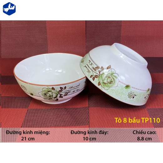 tô sứ bầu 8 inch - hoa văn 4D bông hồng xanh lục đẹp - 4D110