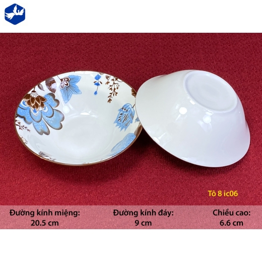 tô sứ loe 8 inch - bông hoa xanh cách điệu độc lạ - IC06