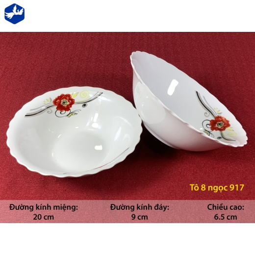tô sứ loe bèo 8 inch - hoa mẫu đơn đỏ - 917