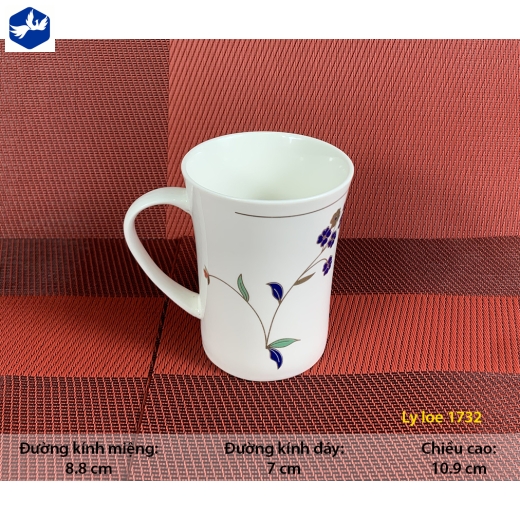 ly sứ loe, men trắng,  hoa văn hoa cỏ cách điệu đẹp, sang trọng - 1732