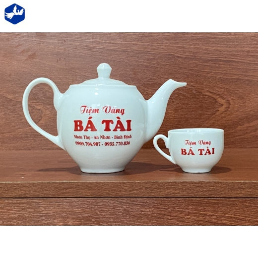 Bộ Ấm Trà Bầu men trắng đẹp, cao cấp In Logo đẹp__