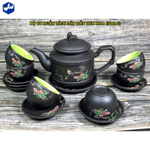 bộ tách trà ngấn tích lớn đất đen hoa đẹp
