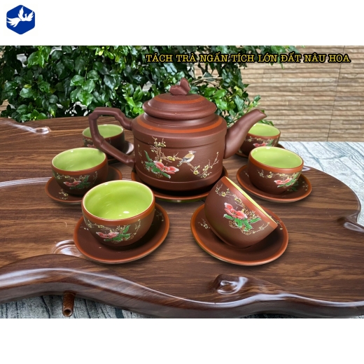 bộ tách trà ngấn tích lớn đất nâu hoa đẹp