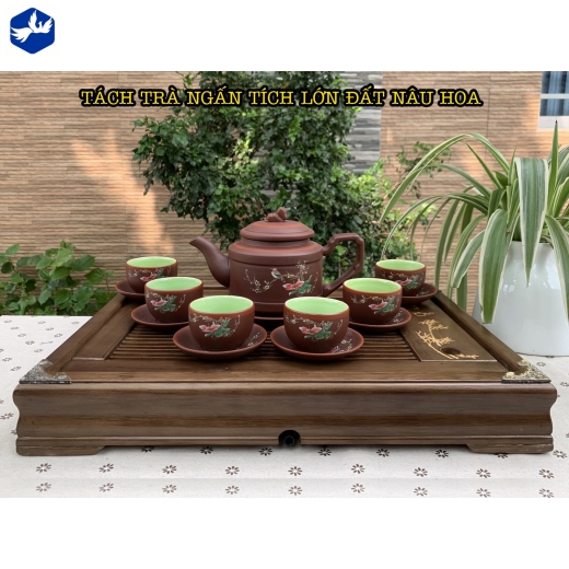 bộ tách trà ngấn tích lớn đất nâu hoa đẹp