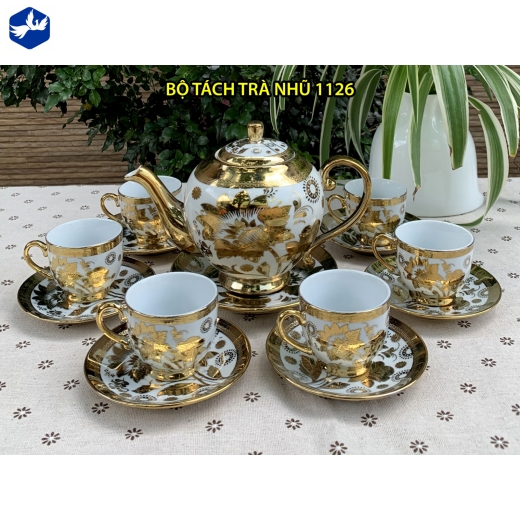 bộ tách trà hoa văn nhủ vàng ánh kim đẹp, độc đáo / 1126