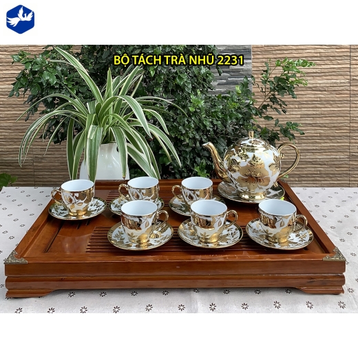 bộ tách trà hoa văn nhủ vàng ánh kim đẹp, độc đáo / 2231