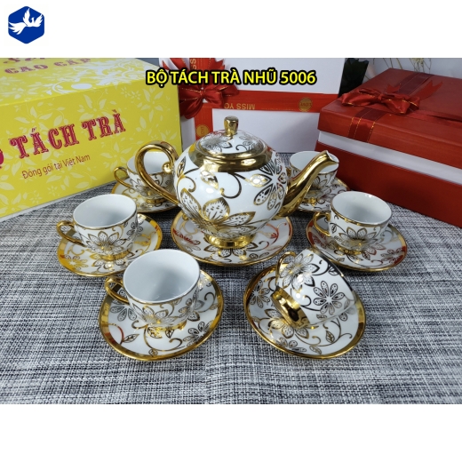 bộ tách trà hoa văn nhủ vàng ánh kim đẹp, độc đáo / 5006