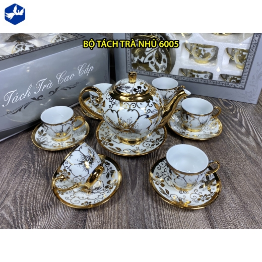 bộ tách trà hoa văn nhủ vàng ánh kim đẹp, độc đáo / 6005