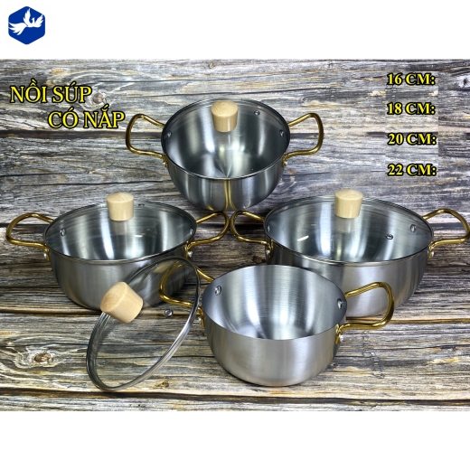 nồi súp có nắp 20 cm - kiểu dáng đẹp, quai mạ vàng, nắp bằng kính núm gổ