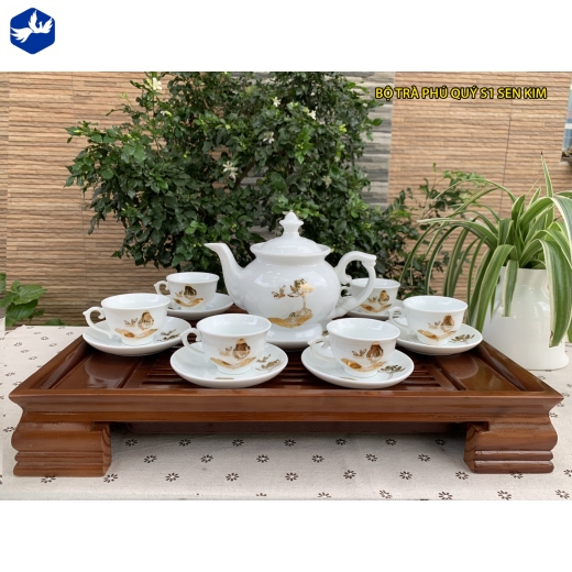 bộ tách trà phú quý hoa văn sen vàng ánh kim đẹp / S1 sen kim