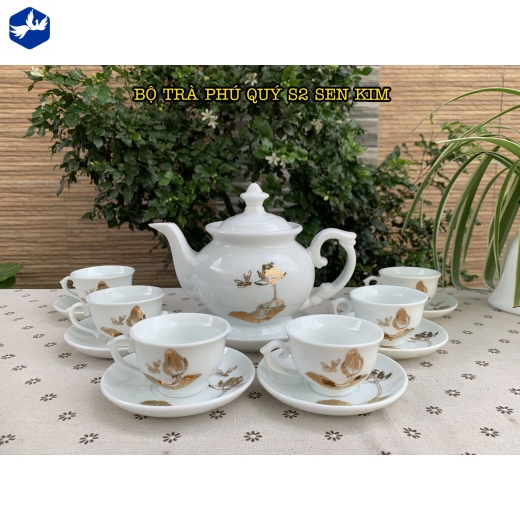 bộ tách trà phú quý hoa văn sen vàng ánh kim đẹp / S2 sen kim
