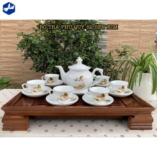 bộ tách trà phú quý hoa văn sen vàng ánh kim đẹp / S2 sen kim
