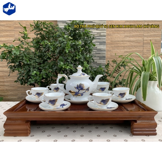 bộ tách trà phú quý hoa văn sen kim xanh lam chỉ vàng / S2
