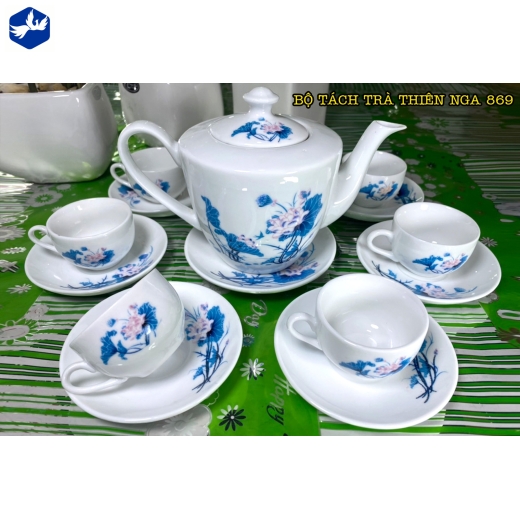 bộ tách trà kiểu dáng thiên nga, hoa văn sen xanh đẹp / S2 - 869