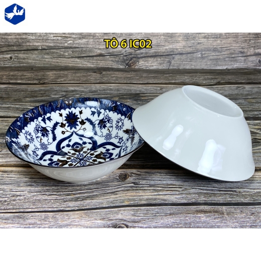 tô sứ loe 6 inch - hoa văn xanh cách điệu đồng tâm, đối xứng độc lạ - IC01
