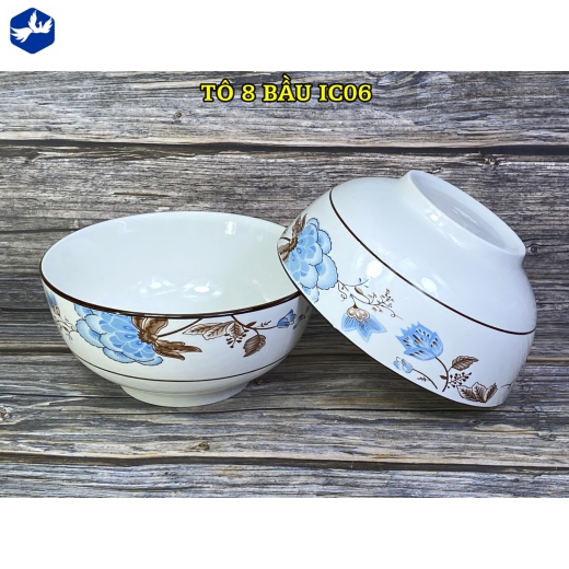 tô sứ bầu 8 inch - bông hoa xanh cách điệu độc lạ - IC06