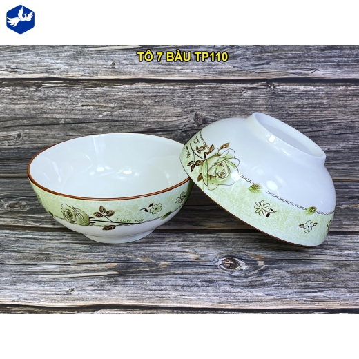 tô sứ bầu 8 inch - hoa văn 4D bông hồng xanh lục đẹp - 4D110