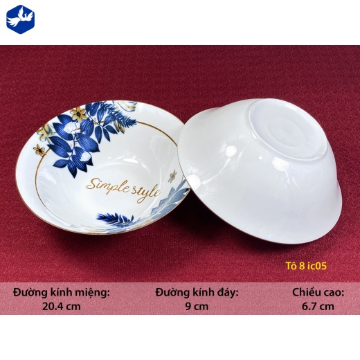 tô sứ loe 8 inch - hoa văn hoa lá đẹp - IC05
