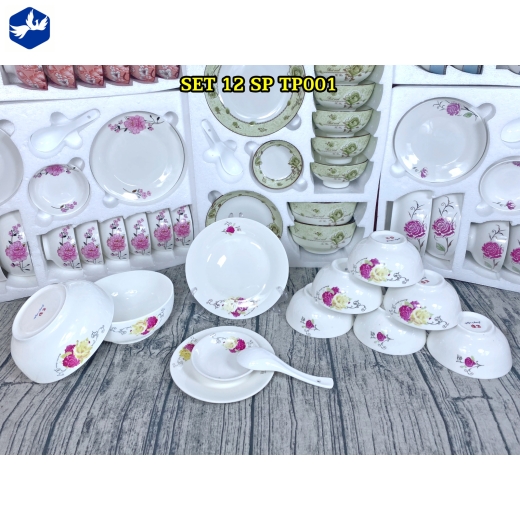 bộ bàn ăn 12 món - hoa văn hoa hồng đẹp - TP001