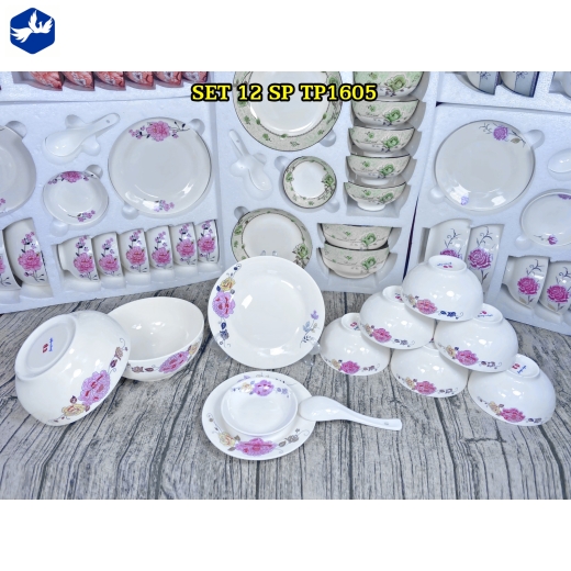 bộ bàn ăn 12 món - hoa văn hoa mẫu đơn hồng cách điệu độc lạ - TP1605