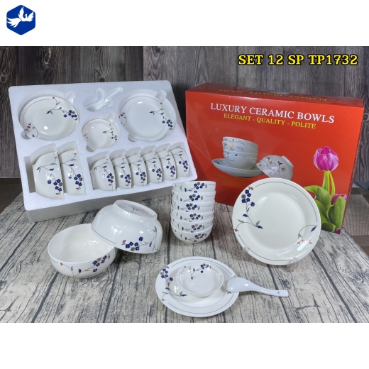 bộ bàn ăn 12 món - hoa văn hoa cỏ cách điệu đẹp, sang trọng - TP1732
