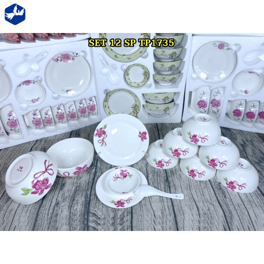 bộ bàn ăn 12 món - hoa văn hoa phong lan hồng đẹp - TP1735