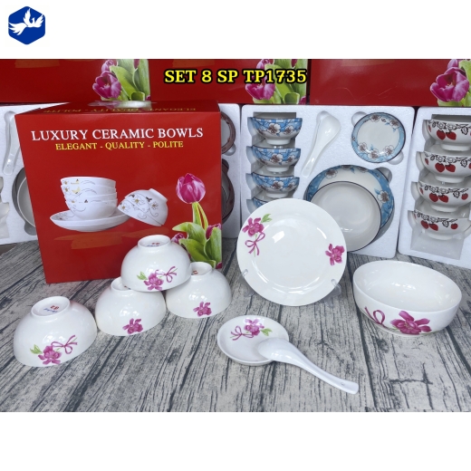 bộ bàn ăn 8 món - hoa văn hoa phong lan hồng đẹp - TP1735