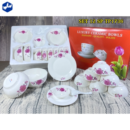 bộ bàn ăn 12 món - hoa văn hoa mẫu đơn hồng - TP1736