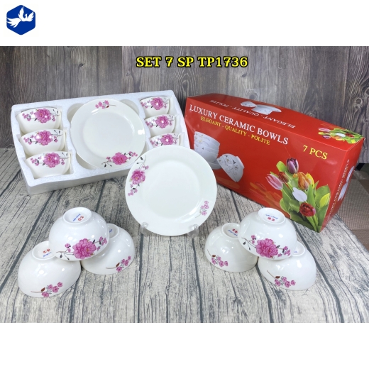 bộ bàn ăn 7 món - hoa văn hoa mẫu đơn hồng - TP1736