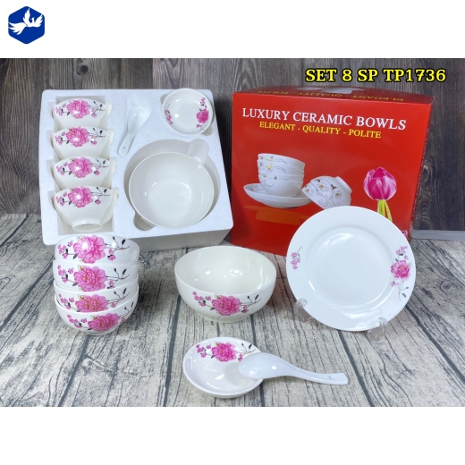 bộ bàn ăn 8 món - hoa văn hoa mẫu đơn hồng - TP1736
