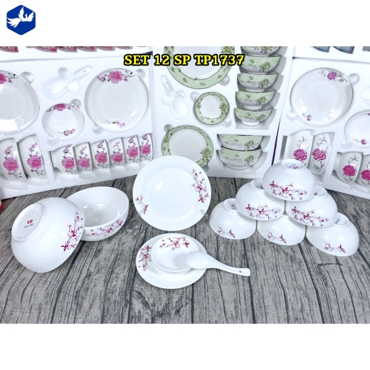 bộ bàn ăn 12 món - hoa văn nhánh hoa mai đẹp - TP1737