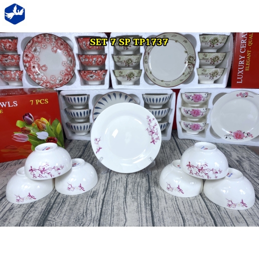 bộ bàn ăn 7 món - hoa văn nhánh hoa mai đẹp - TP1737