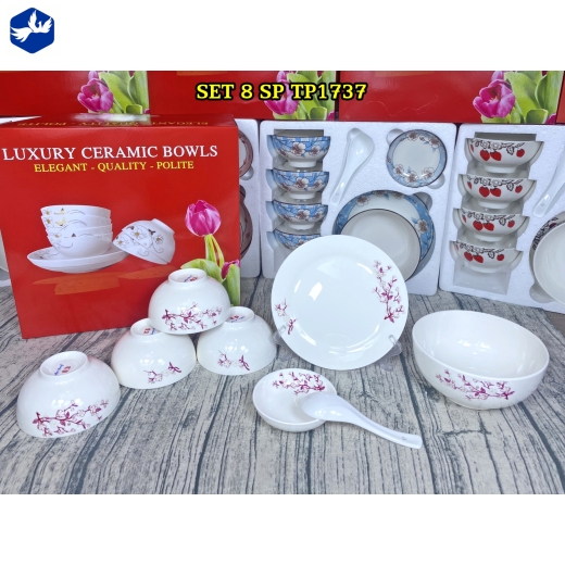bộ bàn ăn 8 món - hoa văn nhánh hoa mai đẹp - TP1737