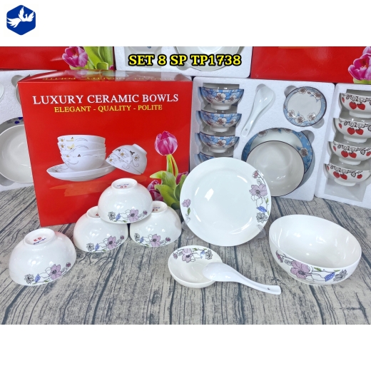 bộ bàn ăn 8 món - hoa văn bông hoa cách điệu độc lạ - TP1738