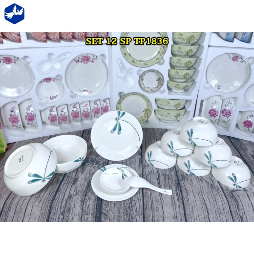 bộ bàn ăn 12 món - hoa văn con chuồn chuồn xanh lục lam đẹp - TP1836