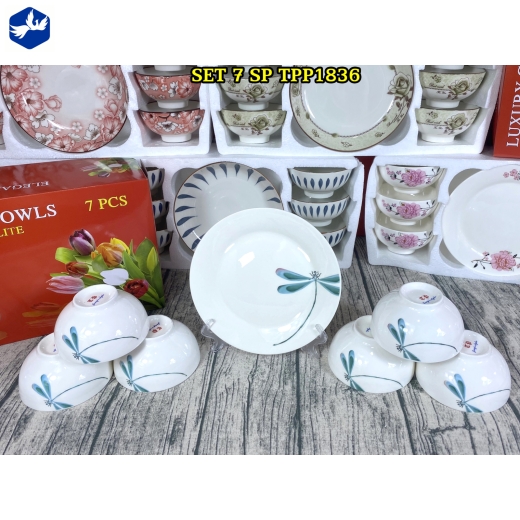 bộ bàn ăn 7 món - hoa văn con chuồn chuồn xanh lục lam đẹp - TP1836