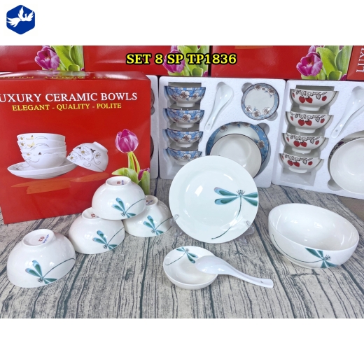 bộ bàn ăn 8 món - hoa văn con chuồn chuồn xanh lục lam đẹp - TP1836