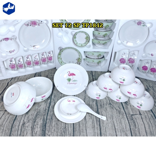 bộ bàn ăn 12 món - hoa văn con chim hồng hạc đẹp - TP1842