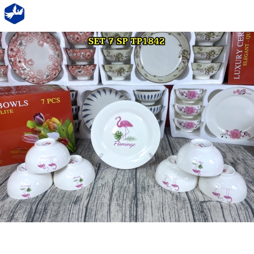 bộ bàn ăn 7 món - hoa văn con chim hồng hạc đẹp - TP1842