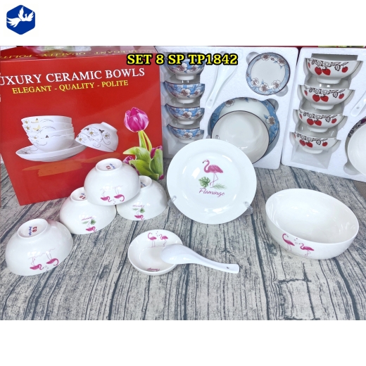 bộ bàn ăn 8 món - hoa văn con chim hồng hạc đẹp - TP1842