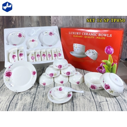 bộ bàn ăn 12 món - hoa văn hoa mẫu đơn đôi đẹp - TP850