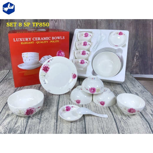 bộ bàn ăn 8 món - hoa văn hoa mẫu đơn đôi đẹp - TP850