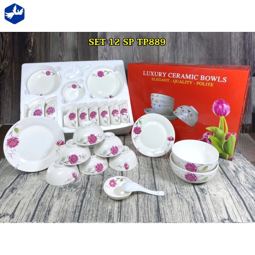 bộ bàn ăn 12 món - hoa văn hoa mẫu đơn hồng đẹp - TP889