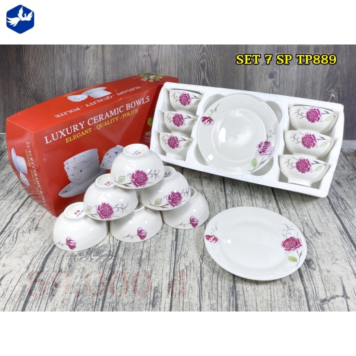 bộ bàn ăn 7 món - hoa văn hoa mẫu đơn hồng đẹp - TP889