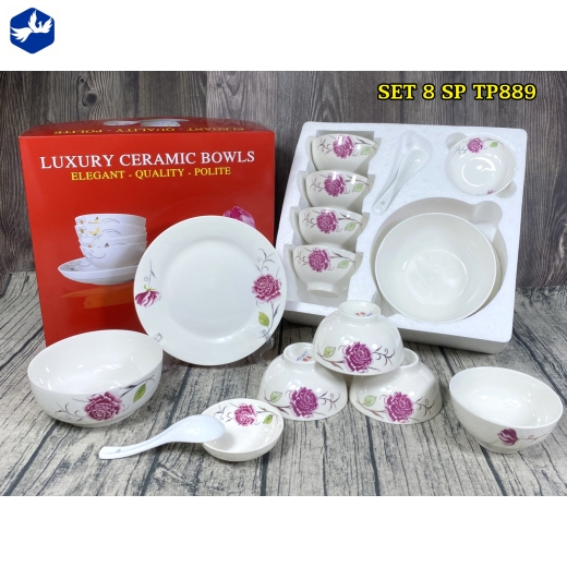bộ bàn ăn 8 món - hoa văn hoa mẫu đơn hồng đẹp - TP889